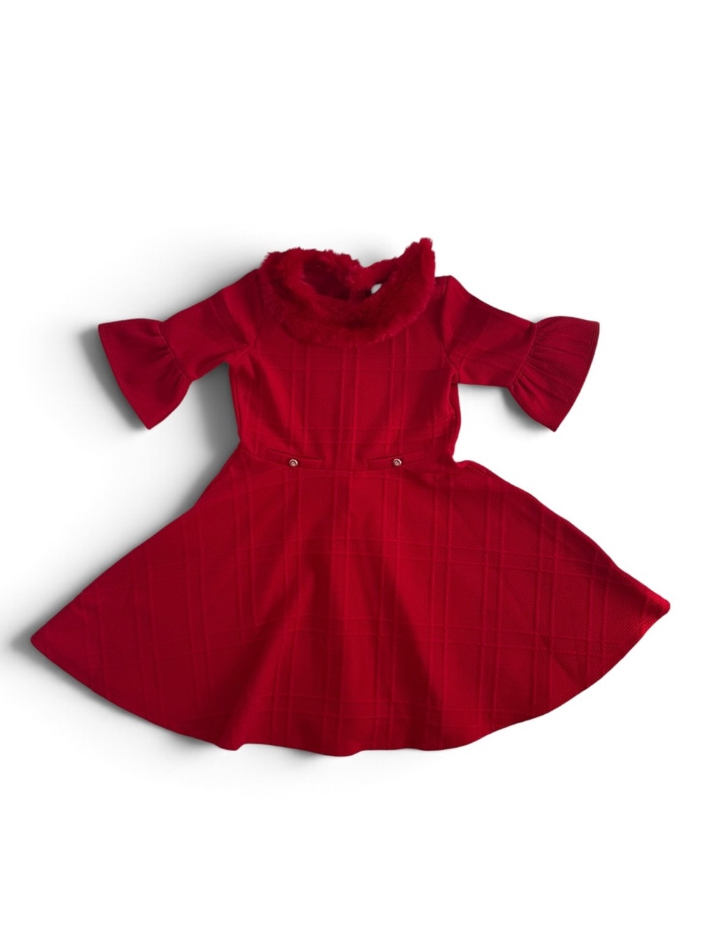 Janie and Jack Red Faux Fur Collar Fit-and-Flare Dress, Bradbury Red, Size 10